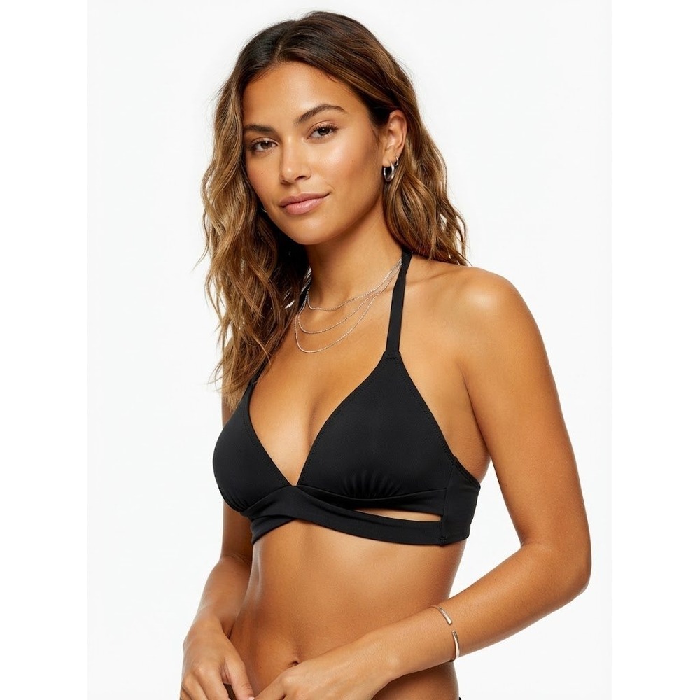 Kona Sol Bikini Top Womens Small Black Excellent Wrap Halter Triangle Cutout